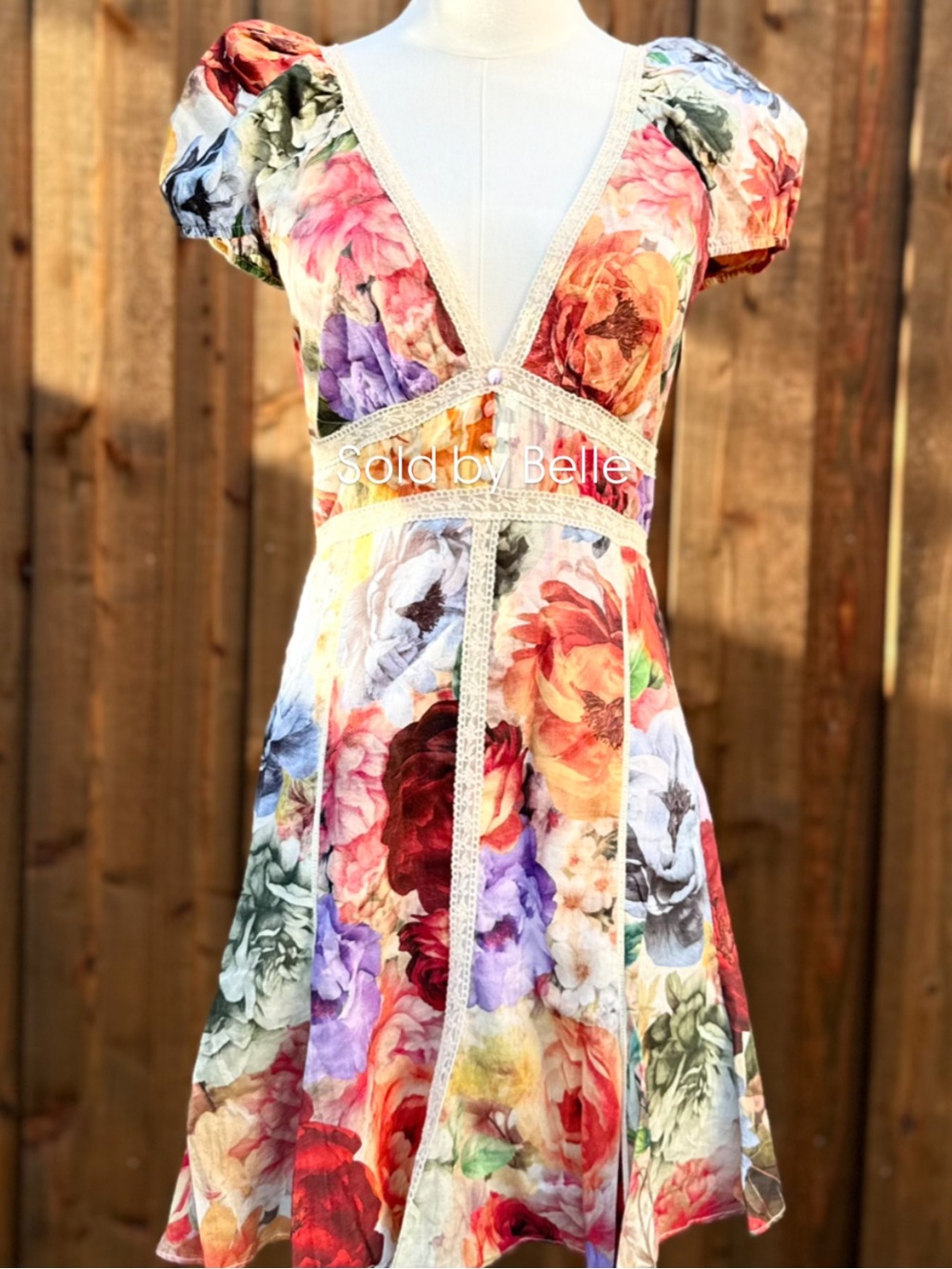NWT Alice + Olivia Lara Deep V Neck Lace Trim Mini Dress Peak Floral Green Teal